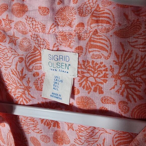 Sigrid Olsen L Orange Coral Starfish Shell Linen Button Up Sleeveless Tunic Top - Picture 3 of 6